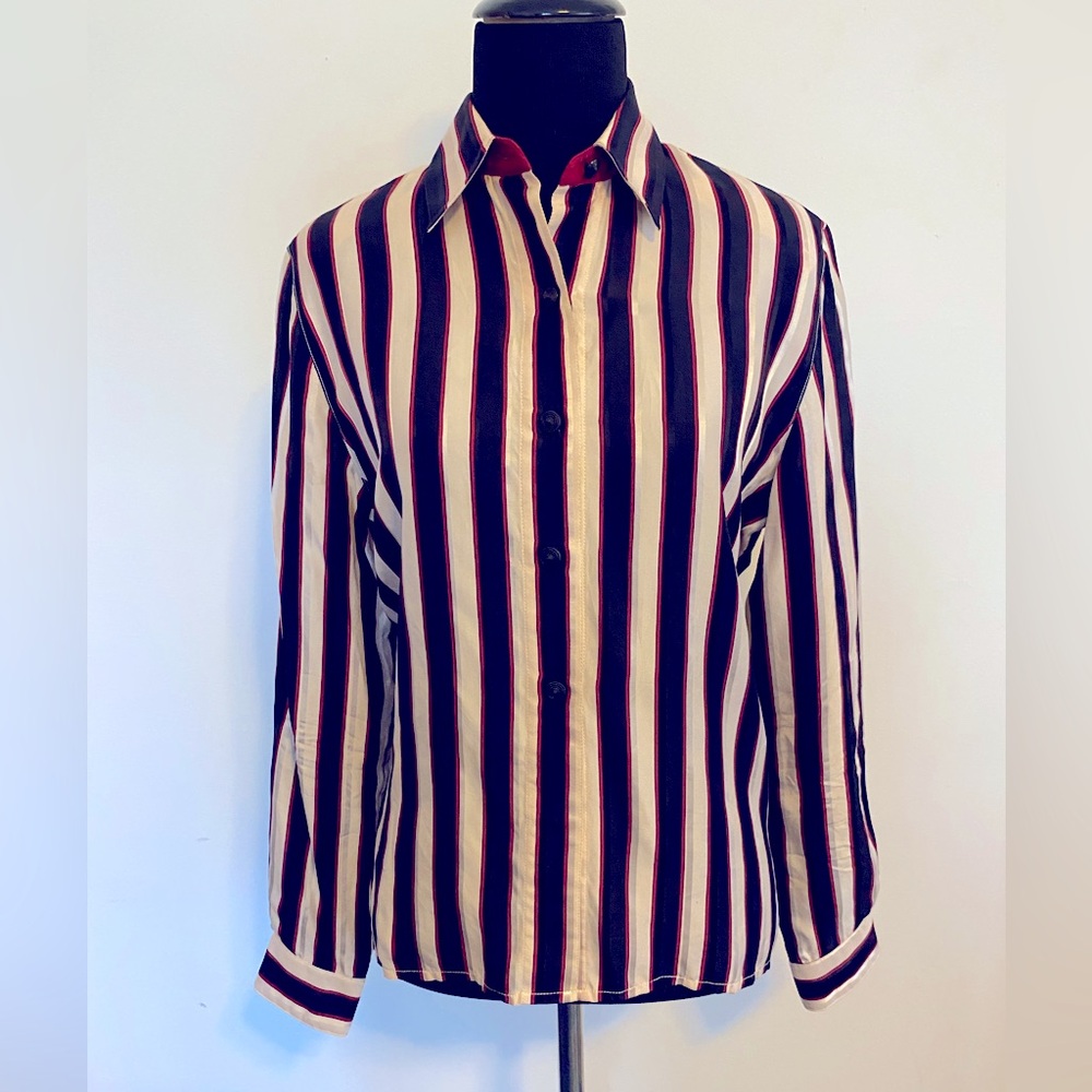 Talbots Black Cream And Maroon Striped Silk Shirt Size 6P